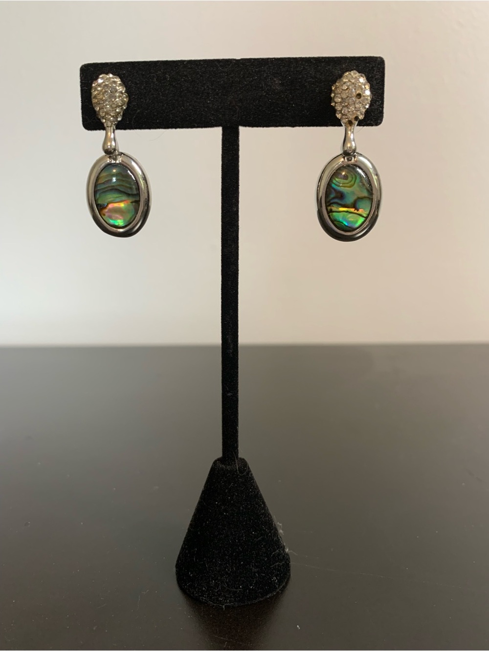 Silver Abalone Shell Drop Earrings in Iridescent Green